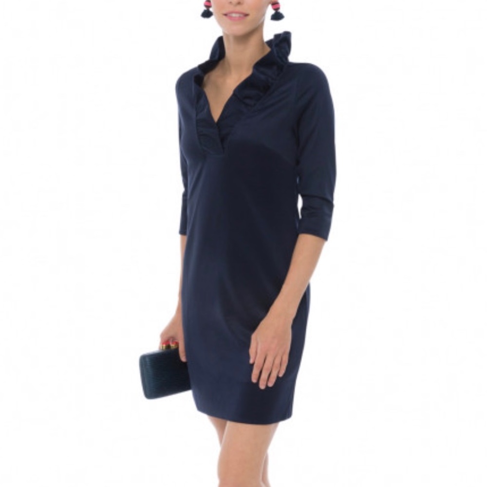 GRETCHEN SCOTT Navy Ruffle Neck Dress